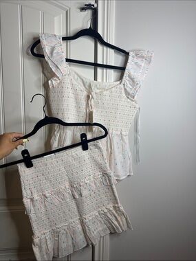 White Floral Ruffle Two-Piece Set - Smocked Top & Skirt